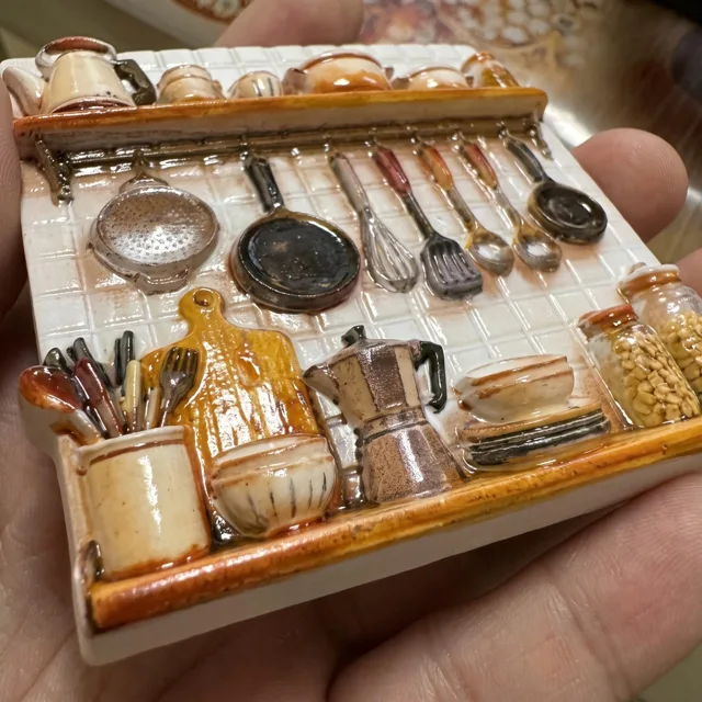 Refrigerator Magnet: Resin Relief Kitchen Shelf Scene With Miniature Cookware — product photo 8