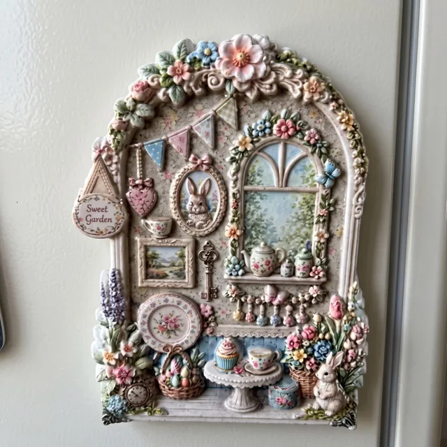 Rabbit Tea Party Resin Refrigerator Magnet, 3D Floral Cottage Scene — product photo 6