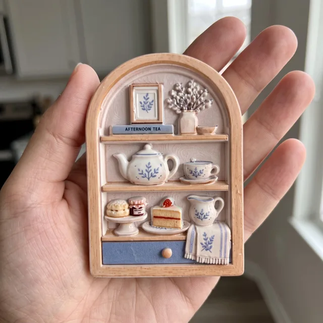 Miniature Tea Shelf Fridge Magnet, Resin Relief Kitchen Decor — product photo 1