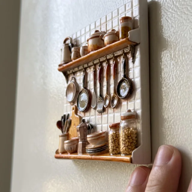 Refrigerator Magnet: Resin Relief Kitchen Shelf Scene With Miniature Cookware — product photo 9