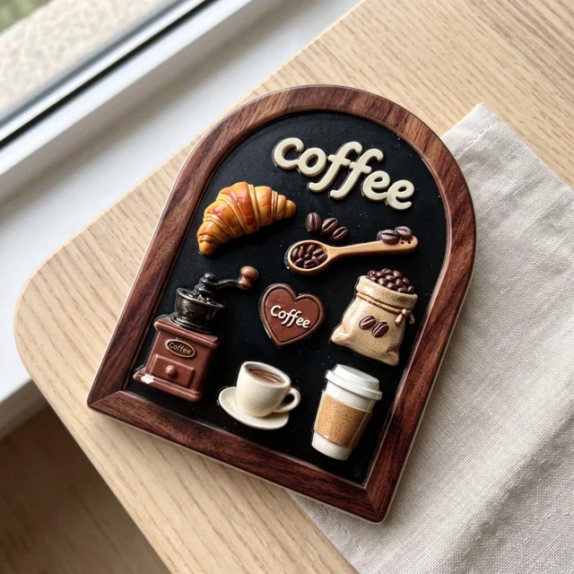 Coffee Fridge Magnet, 3D Relief Cafe Decor With Croissant and Coffee Cup — product photo 5