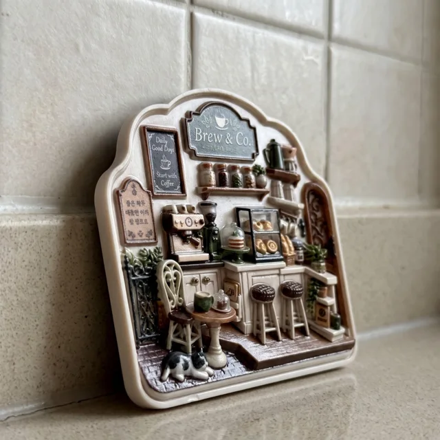 3D Coffee Shop Fridge Magnet: Miniature Cafe Scene Resin Relief Decor — product photo 4