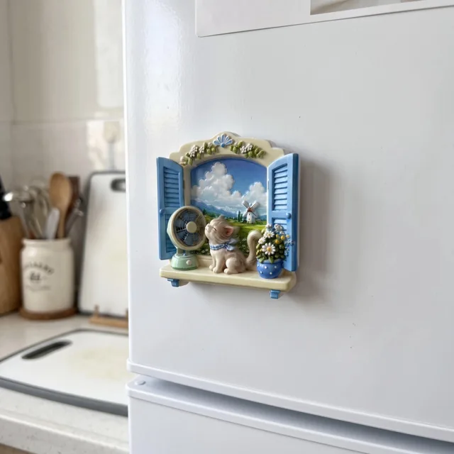 Refrigerator Magnet: Cat Window Scene With Blue Shutters and Flowers — product photo 4
