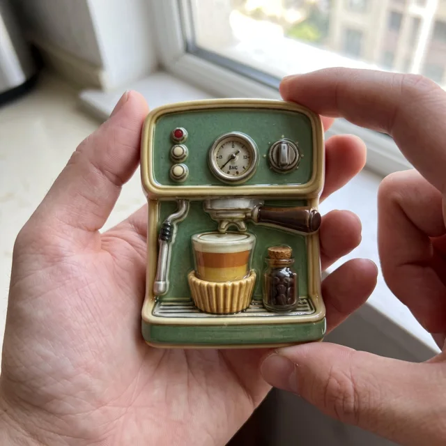 Refrigerator Magnet: Retro Green Espresso Machine 3D Sculpted Kitchen Decor — product photo 10