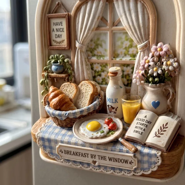 3D Breakfast Window Fridge Magnet, Sculpted Bakery Scene — product photo 3