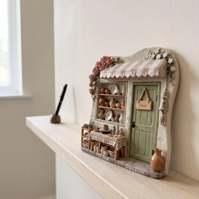 Resin Refrigerator Magnet: 3D Miniature Pottery Shop Scene With Floral Awning — product photo 3