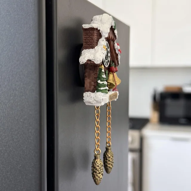 Snowy Cuckoo Clock House With Christmas Bells and Austria Plaque Refrigerator Magnet — product photo 11