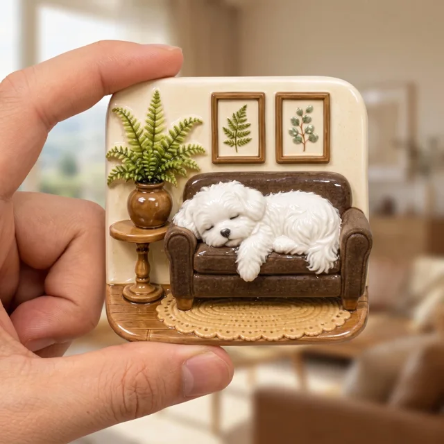 Refrigerator Magnet: Miniature White Dog on Cozy Brown Sofa — product photo 2