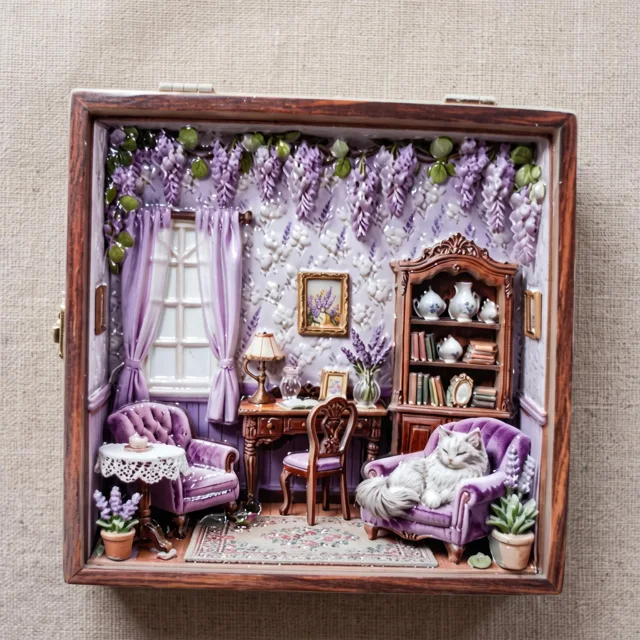 Miniature Room Scene Cat Purple Floral Decor Resin Fridge Magnet — product photo 4