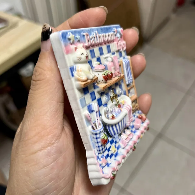 Fridge Magnet: 3D Resin Bathroom Bubble Bath Decor, Blue Pink Cat Scene — product photo 6