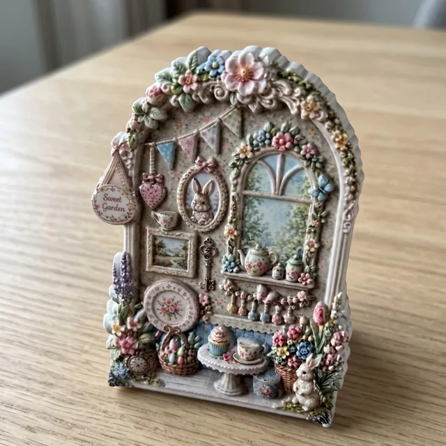 Rabbit Tea Party Resin Refrigerator Magnet, 3D Floral Cottage Scene — product photo 9
