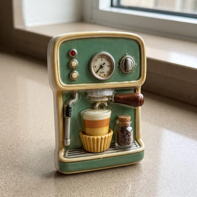 Refrigerator Magnet: Retro Green Espresso Machine 3D Sculpted Kitchen Decor — product photo 4