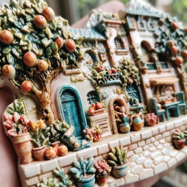 Mediterranean Village Fridge Magnet, Resin Cottage Scene with Fruit Trees and Potted Plants — product photo 6
