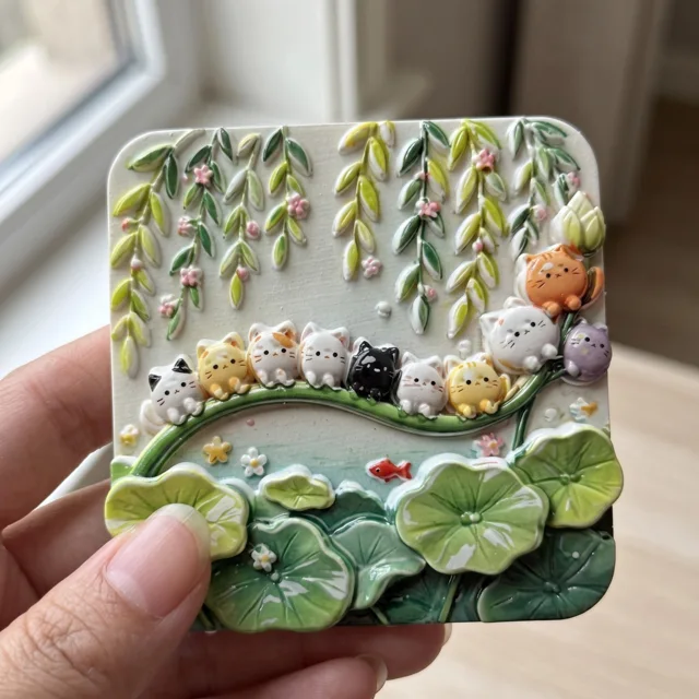 Decorative Fridge Magnet, Cat Garden Pond Scene with Lily Pads and Vines — product photo 1