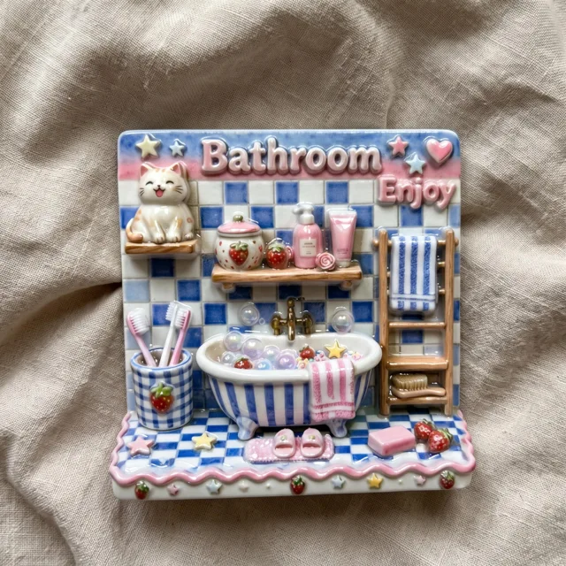 Fridge Magnet: 3D Resin Bathroom Bubble Bath Decor, Blue Pink Cat Scene — product photo 4