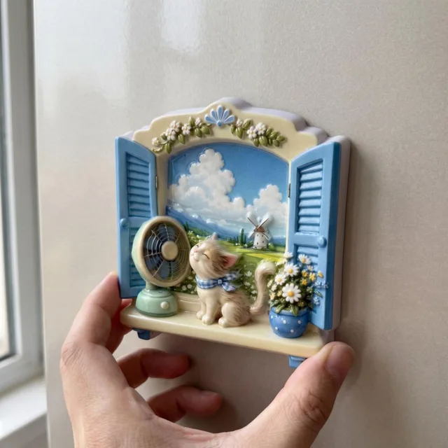 Refrigerator Magnet: Cat Window Scene With Blue Shutters and Flowers — product photo 9