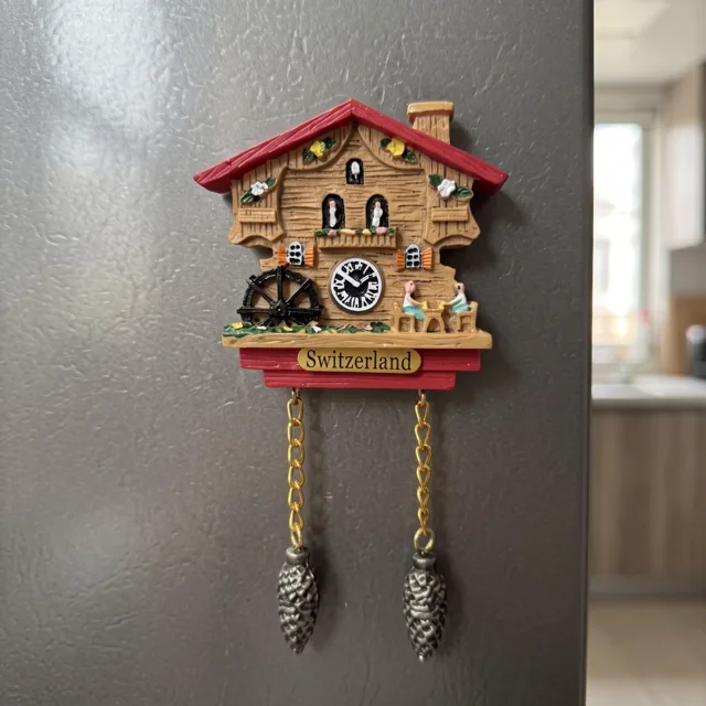 Cuckoo Clock Fridge Magnet: 3D Resin Chalet Souvenir With Hanging Cones — product photo 3