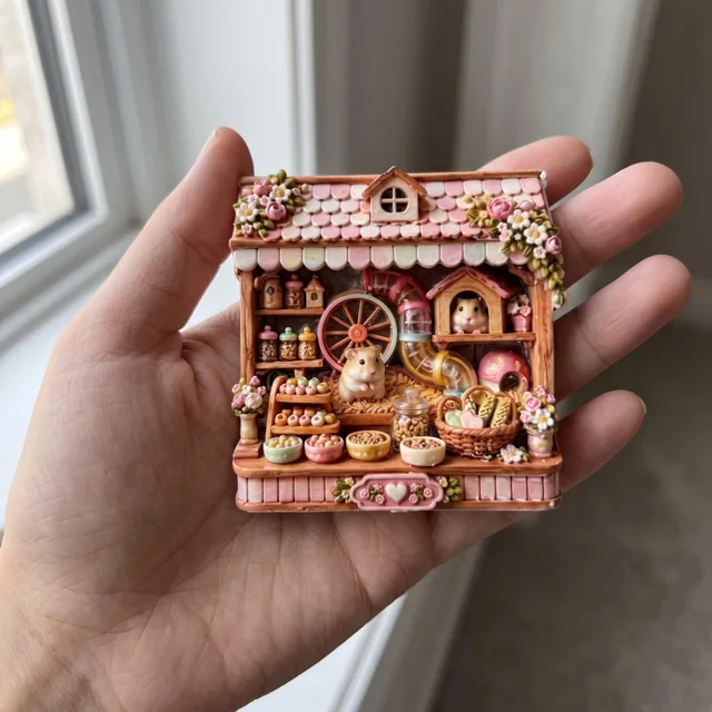 Fridge Magnet, Hamster House Miniature, Pink Floral Resin Decor — product photo 7