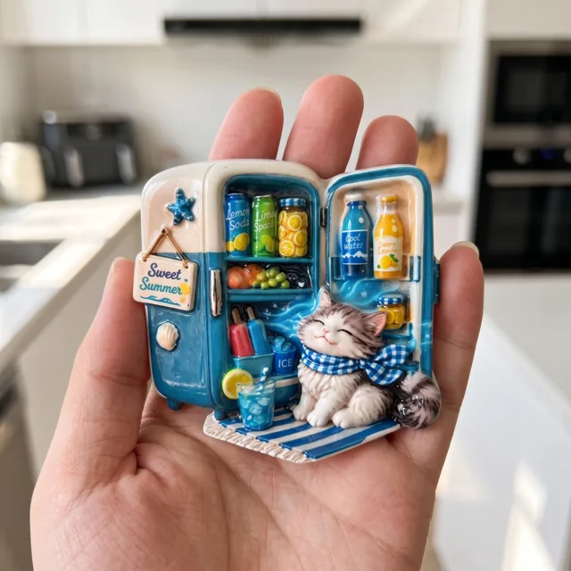 3D Resin Fridge Magnet: Cat in Mini Cooler Summer Kitchen Decor — product photo 2