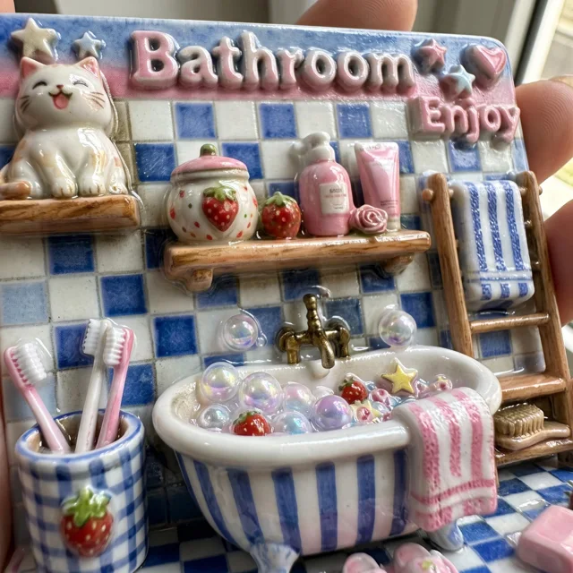 Fridge Magnet: 3D Resin Bathroom Bubble Bath Decor, Blue Pink Cat Scene — product photo 2