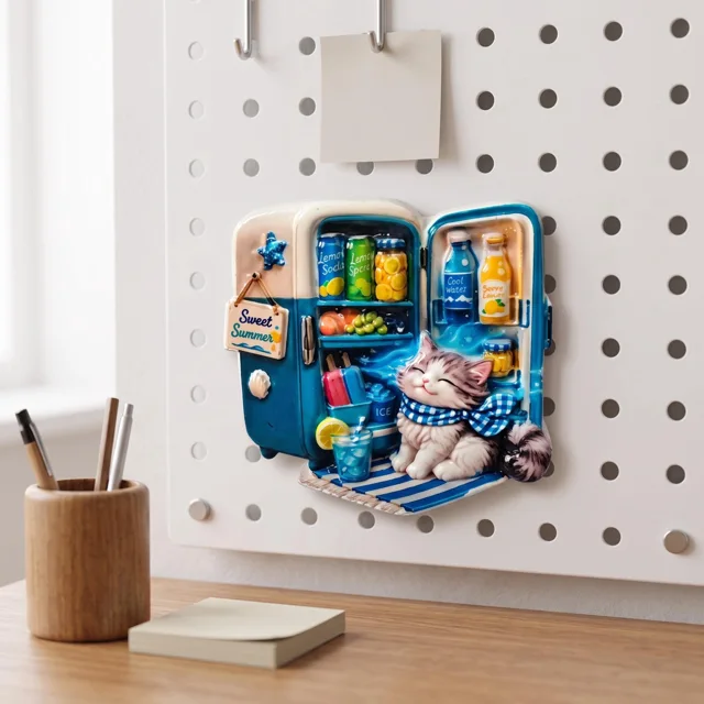 3D Resin Fridge Magnet: Cat in Mini Cooler Summer Kitchen Decor — product photo 4