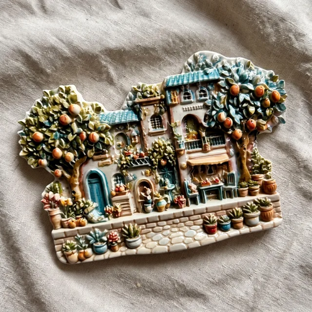 Mediterranean Village Fridge Magnet, Resin Cottage Scene with Fruit Trees and Potted Plants — product photo 4