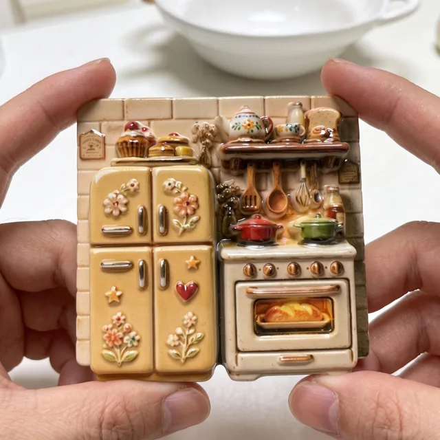 Vintage Kitchen Fridge Magnet with Raised Oven and Cabinet Scene — product photo 1