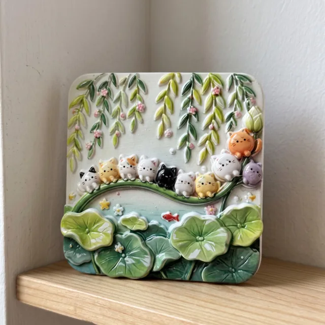 Decorative Fridge Magnet, Cat Garden Pond Scene with Lily Pads and Vines — product photo 3