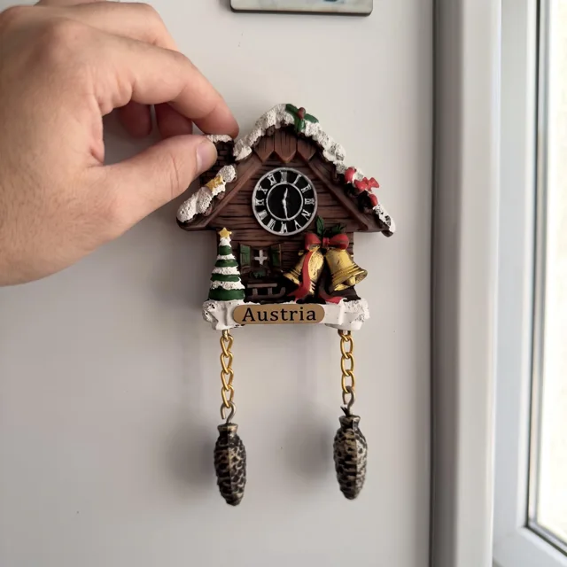 Snowy Cuckoo Clock House With Christmas Bells and Austria Plaque Refrigerator Magnet — product photo 5