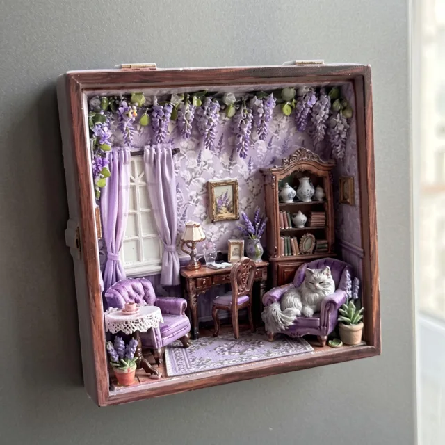 Miniature Room Scene Cat Purple Floral Decor Resin Fridge Magnet — product photo 5