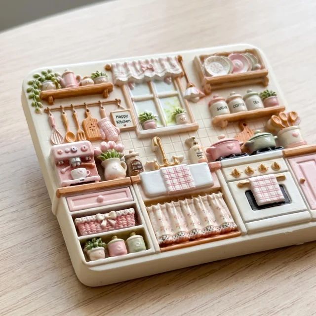 Resin Refrigerator Magnet: Miniature Pink Kitchen Scene With Raised Details — product photo 10