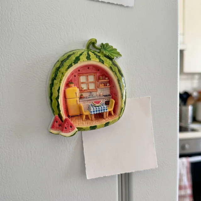 Watermelon Fridge Magnet With Miniature Kitchen Scene, Whimsical Refrigerator Decor — product photo 4