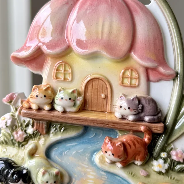 Resin Refrigerator Magnet: Flower House, Cats and River Scene — product photo 6