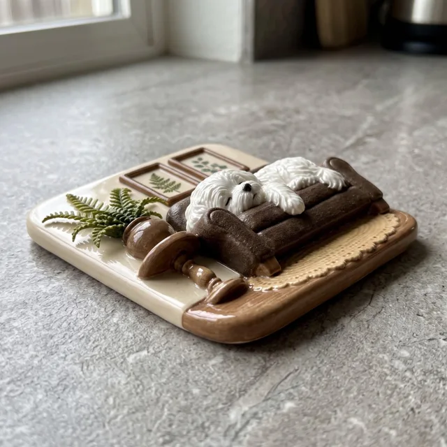 Refrigerator Magnet: Miniature White Dog on Cozy Brown Sofa — product photo 3