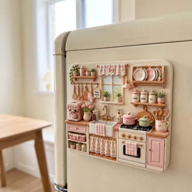 Resin Refrigerator Magnet: Miniature Pink Kitchen Scene With Raised Details — product photo 7