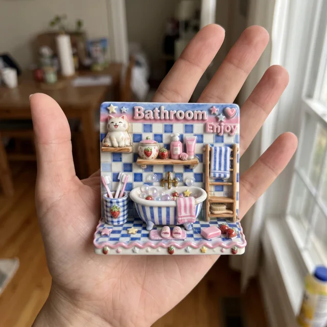 Fridge Magnet: 3D Resin Bathroom Bubble Bath Decor, Blue Pink Cat Scene — product photo 3