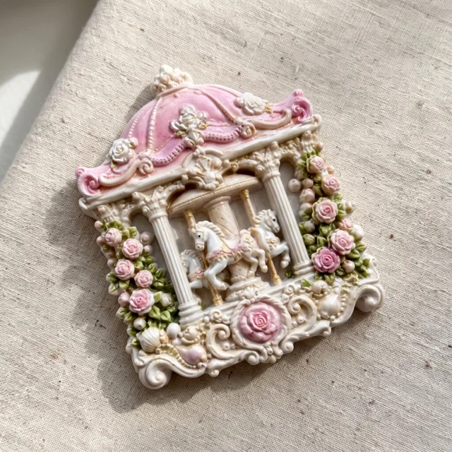 Resin Refrigerator Magnet, Ornate Carousel Horse and Pink Rose Decor — product photo 7
