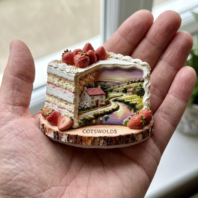 3D Refrigerator Magnet: Resin Strawberry Cake Slice and Cotswolds Landscape — product photo 3