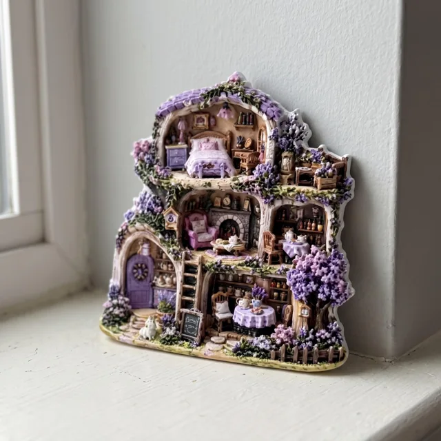 Refrigerator Magnet, Purple Miniature Cottage Scene with Floral Details — product photo 5