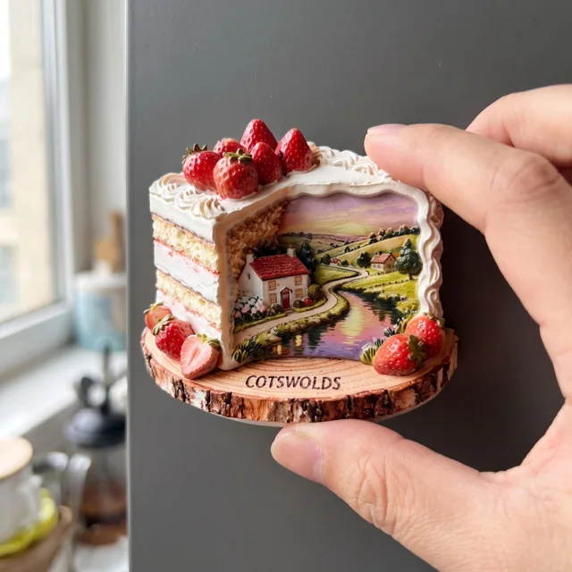 3D Refrigerator Magnet: Resin Strawberry Cake Slice and Cotswolds Landscape — product photo 4