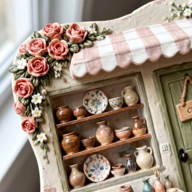 Resin Refrigerator Magnet: 3D Miniature Pottery Shop Scene With Floral Awning — product photo 6