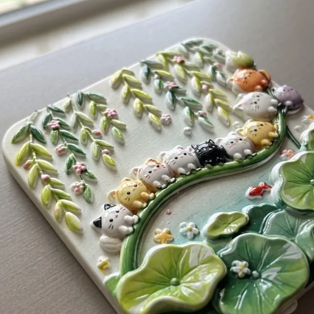 Decorative Fridge Magnet, Cat Garden Pond Scene with Lily Pads and Vines — product photo 4