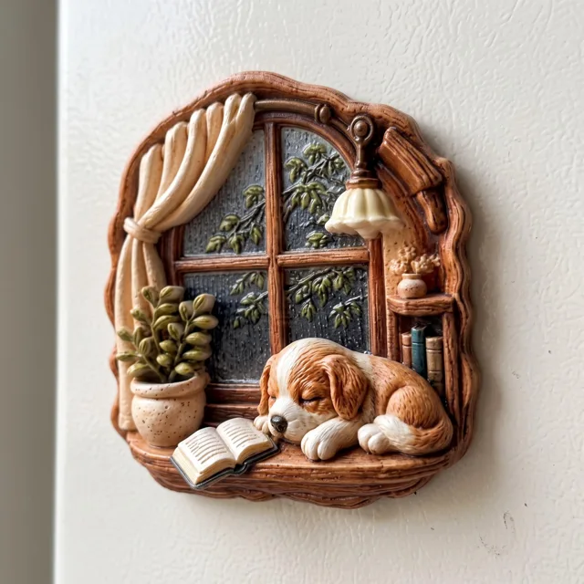 3D Fridge Magnet: Sleeping Dog by Rainy Window Relief Sculpture — product photo 8