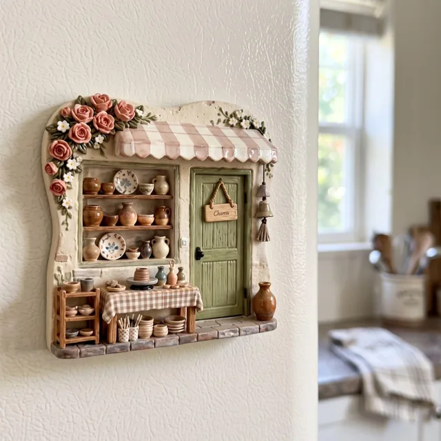 Resin Refrigerator Magnet: 3D Miniature Pottery Shop Scene With Floral Awning — product photo 5