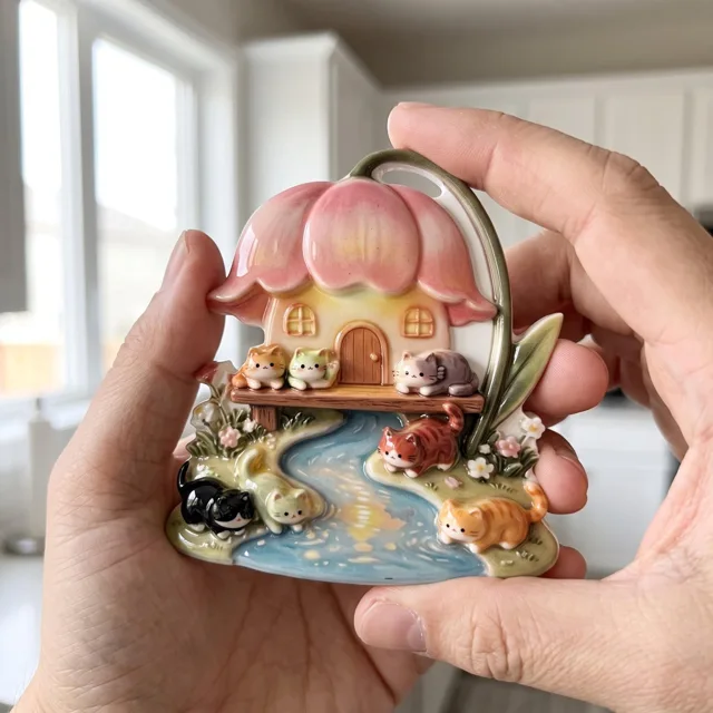 Resin Refrigerator Magnet: Flower House, Cats and River Scene — product photo 1