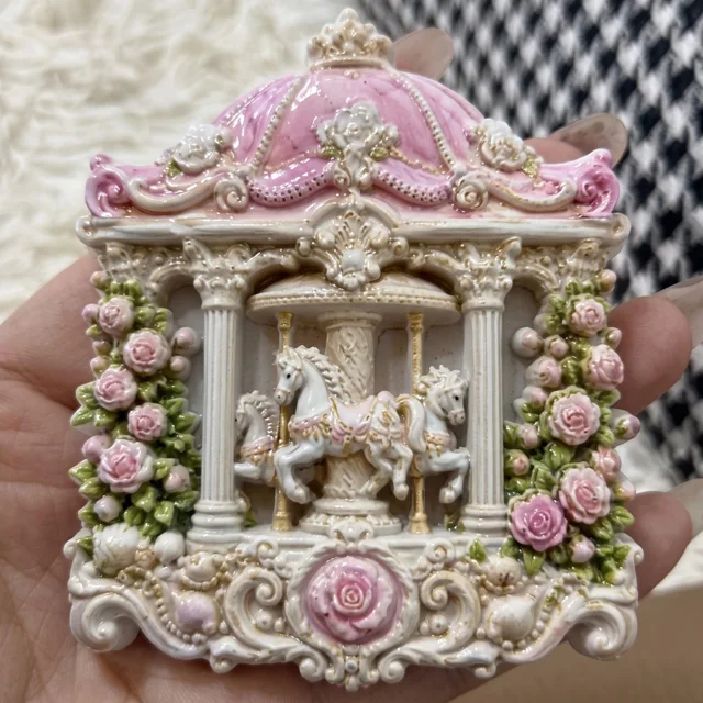 Resin Refrigerator Magnet, Ornate Carousel Horse and Pink Rose Decor — product photo 4