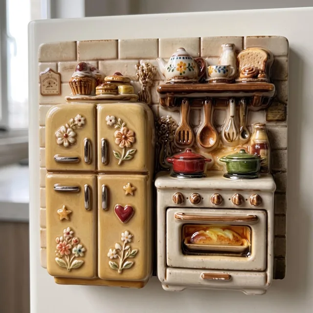 Vintage Kitchen Fridge Magnet with Raised Oven and Cabinet Scene — product photo 10