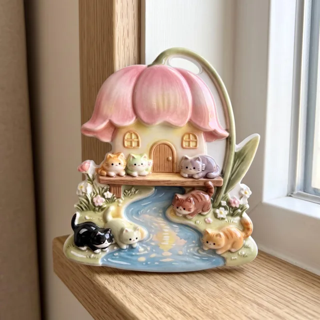 Resin Refrigerator Magnet: Flower House, Cats and River Scene — product photo 7