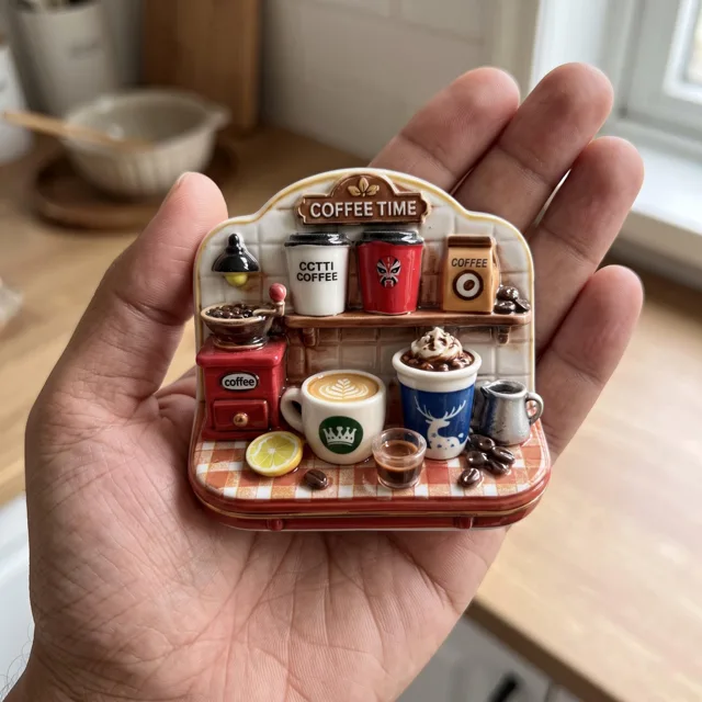 Coffee Bar Refrigerator Magnet: 3D Miniature Cafe Station With Cups and Grinder — product photo 4