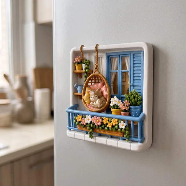Resin Fridge Magnet: Raised Cat Balcony Scene With Colorful Flowers — product photo 1